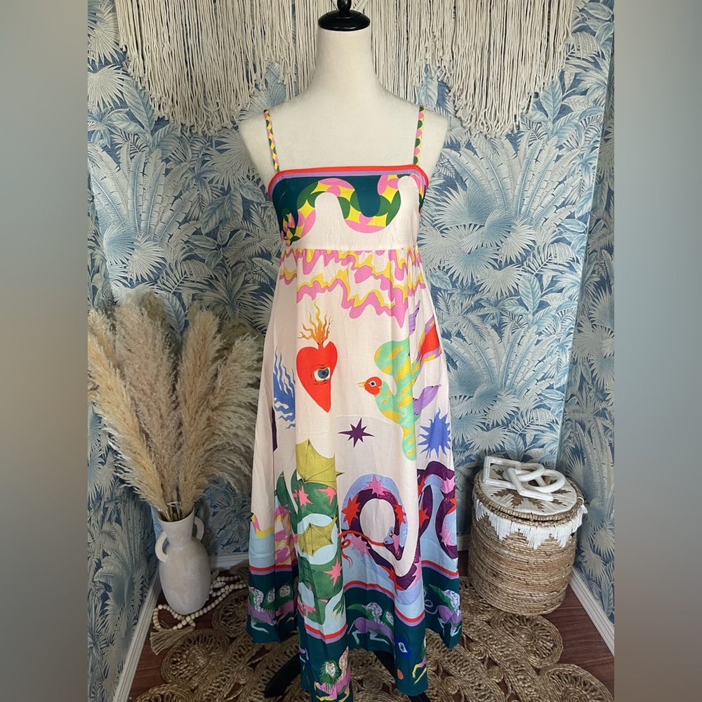 Abstract Midi Length Comfortable Sundress with Adjustable Straps and Pockets - Picture 5 of 8
